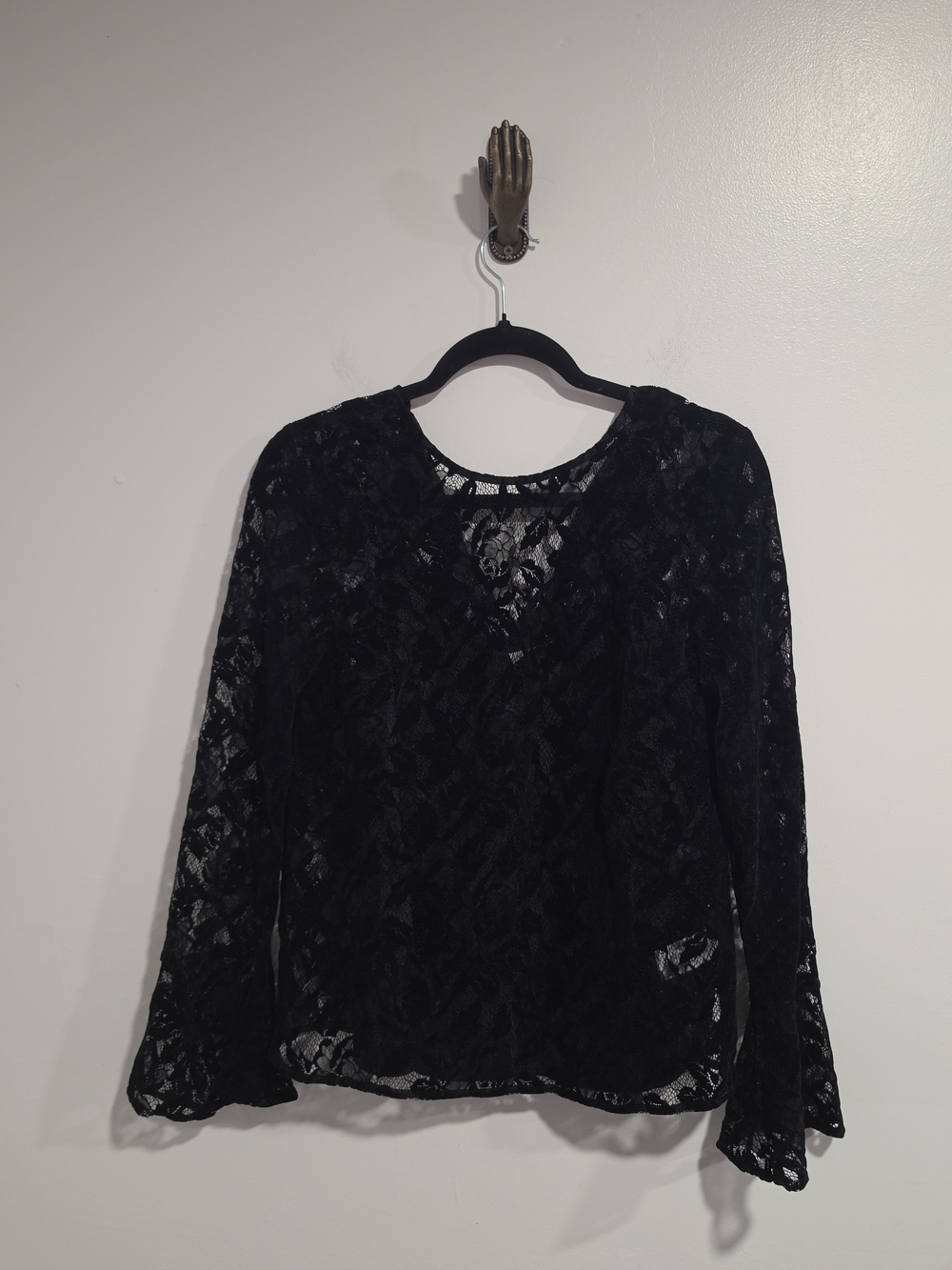 Warehouse Velvet Black Sheer Lace Long-Sleeve Blouse With Bell Sleeves Size 10